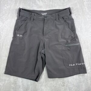 Huk Mens Performance Fishing Shorts Grey Zip Pockets Embroidery Large